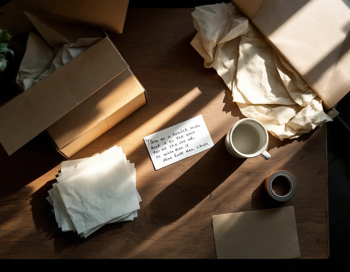 A kraft shipping box being packed with tissue-wrapped stoneware mugs, a glaze swatch and a handwritten color note on an oak bench