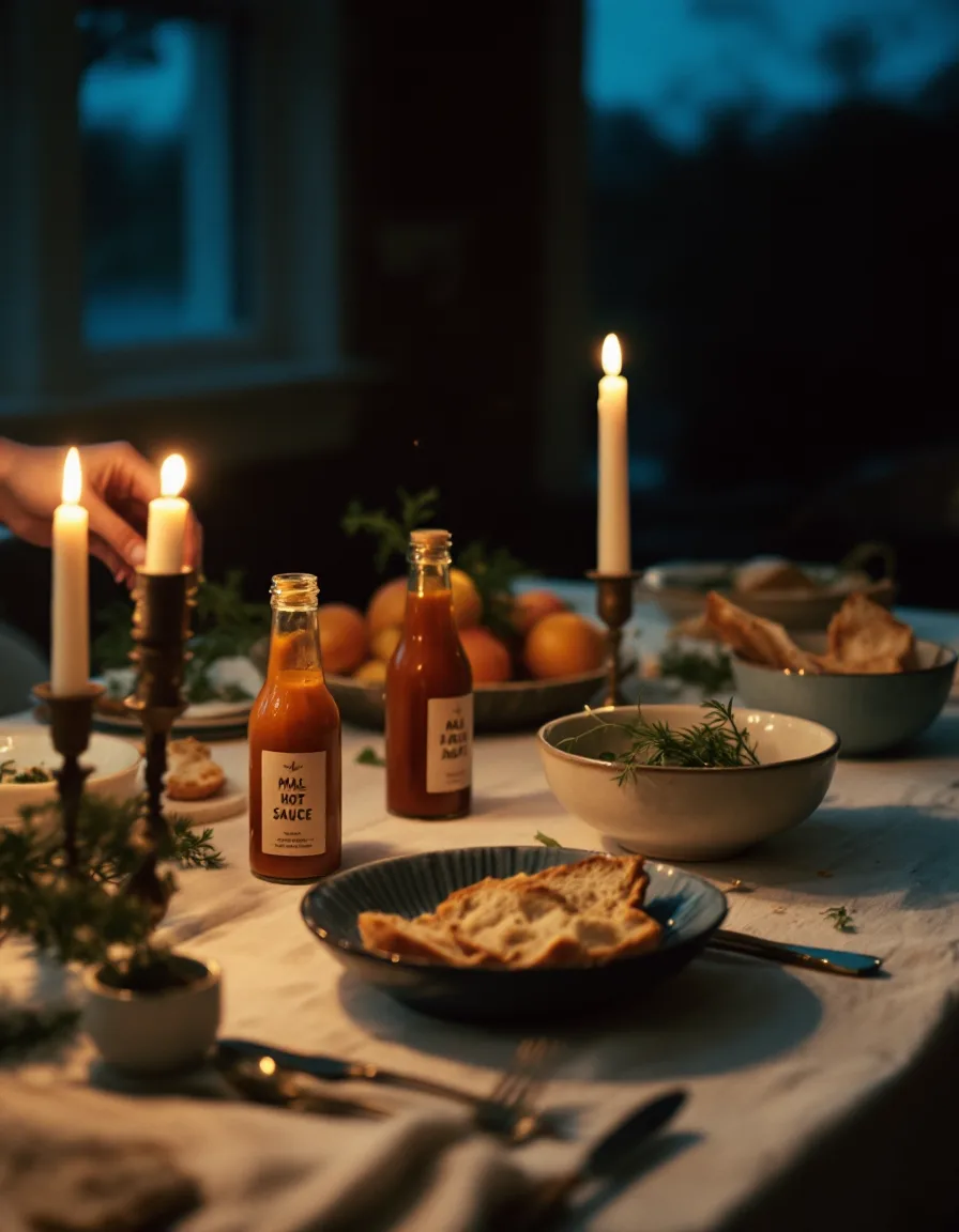 A hand pouring small-batch hot sauce at a candlelit dinner table set with hand-glazed dishes