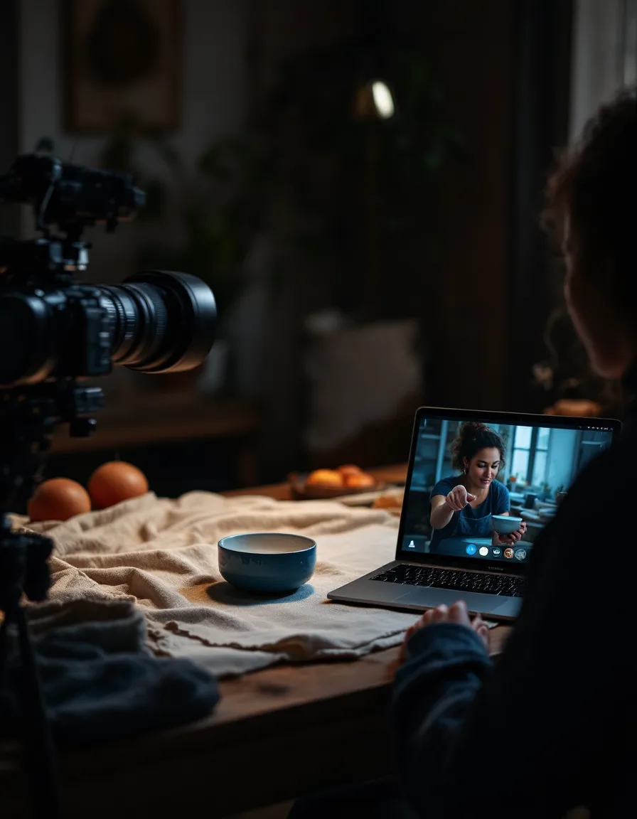 A tethered camera and laptop beside a tabletop set, the screen showing a live frame of a glazed vase on linen during a remote session